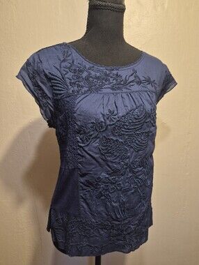 Anthropologie Tiny Navy Blue Embroidered Boho Lace Top Shirt Small